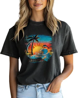 100% Cotton Tshirt for Women Graphic Print Short Sleeve Crewneck Casual Funny 2025 Summer Boho Tunis Tops