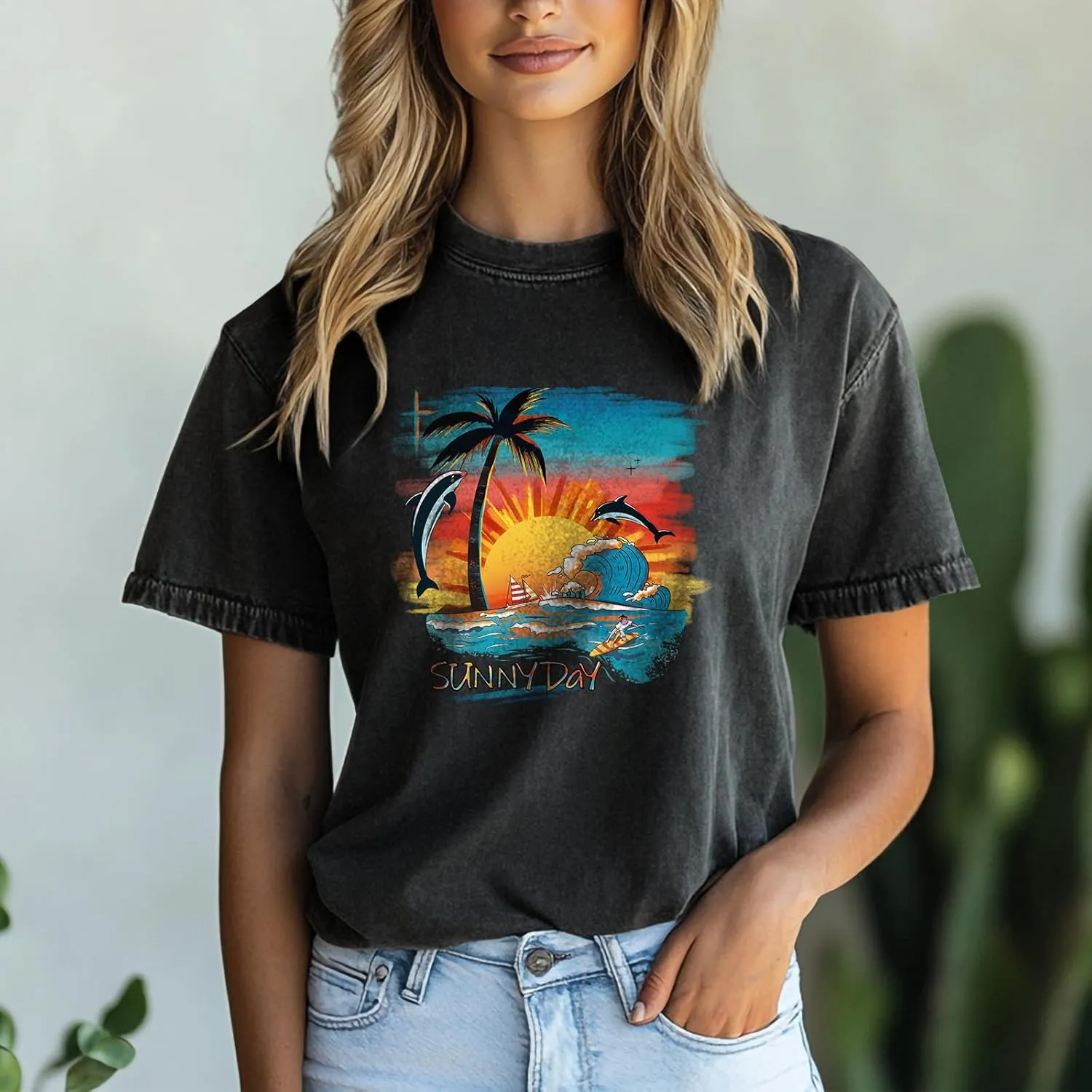 100% Cotton Tshirt for Women Graphic Print Short Sleeve Crewneck Casual Funny 2025 Summer Boho Tunis Tops