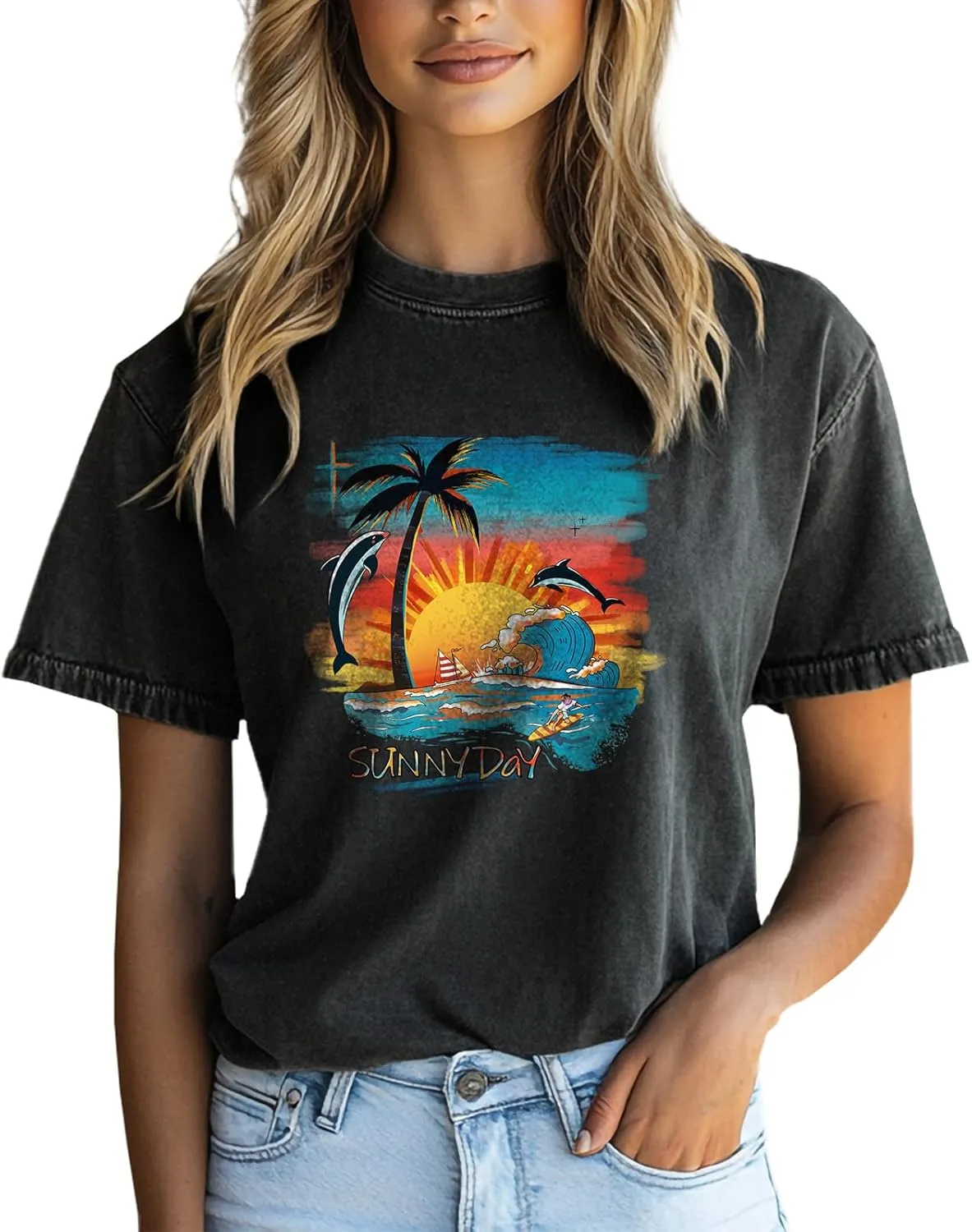 100% Cotton Tshirt for Women Graphic Print Short Sleeve Crewneck Casual Funny 2025 Summer Boho Tunis Tops