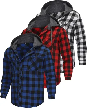 3 Pack Lightweight Hooded Flannel Shirt for Men Casual Button Down Plaid Shirt Long Sleeve Fashion Hooded with Pocket