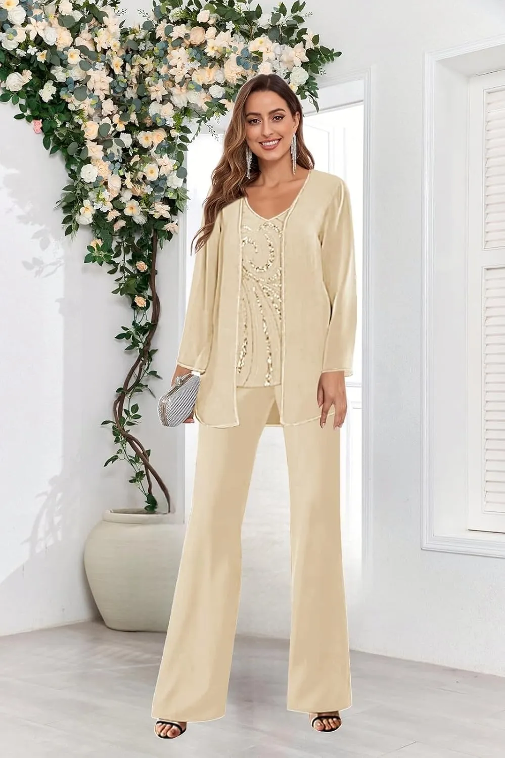 3 Piece Chiffon Mother of The Bride Pant Suits for Women Dressy Beaded Elegant Formal Wedding Pantsuits