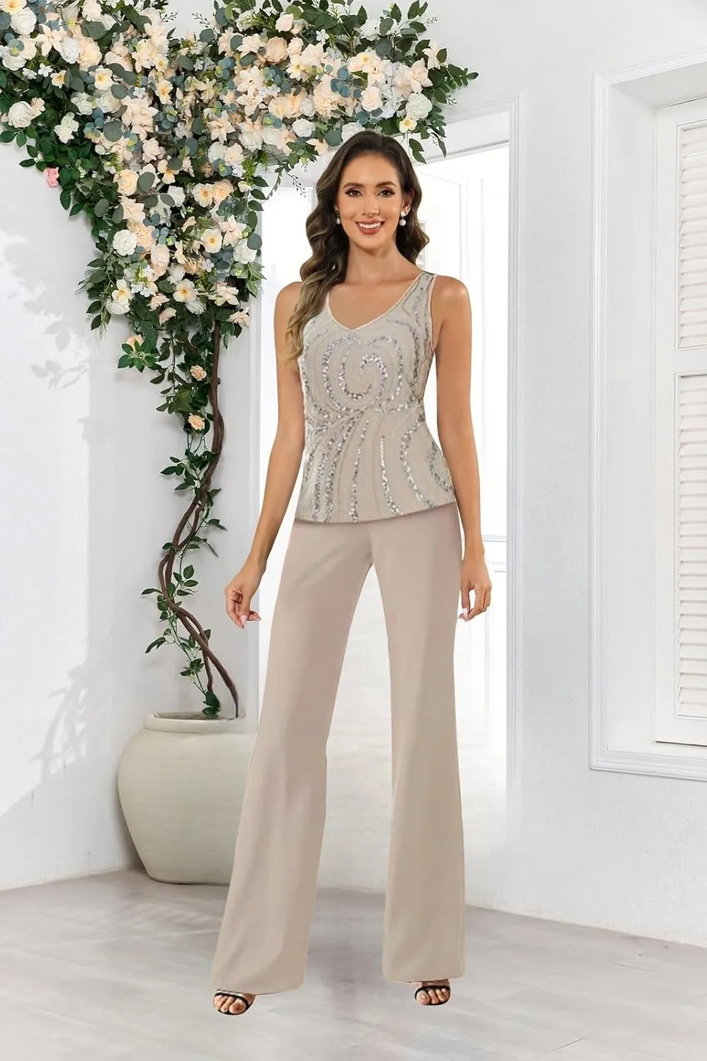 3 Piece Chiffon Mother of The Bride Pant Suits for Women Dressy Beaded Elegant Formal Wedding Pantsuits