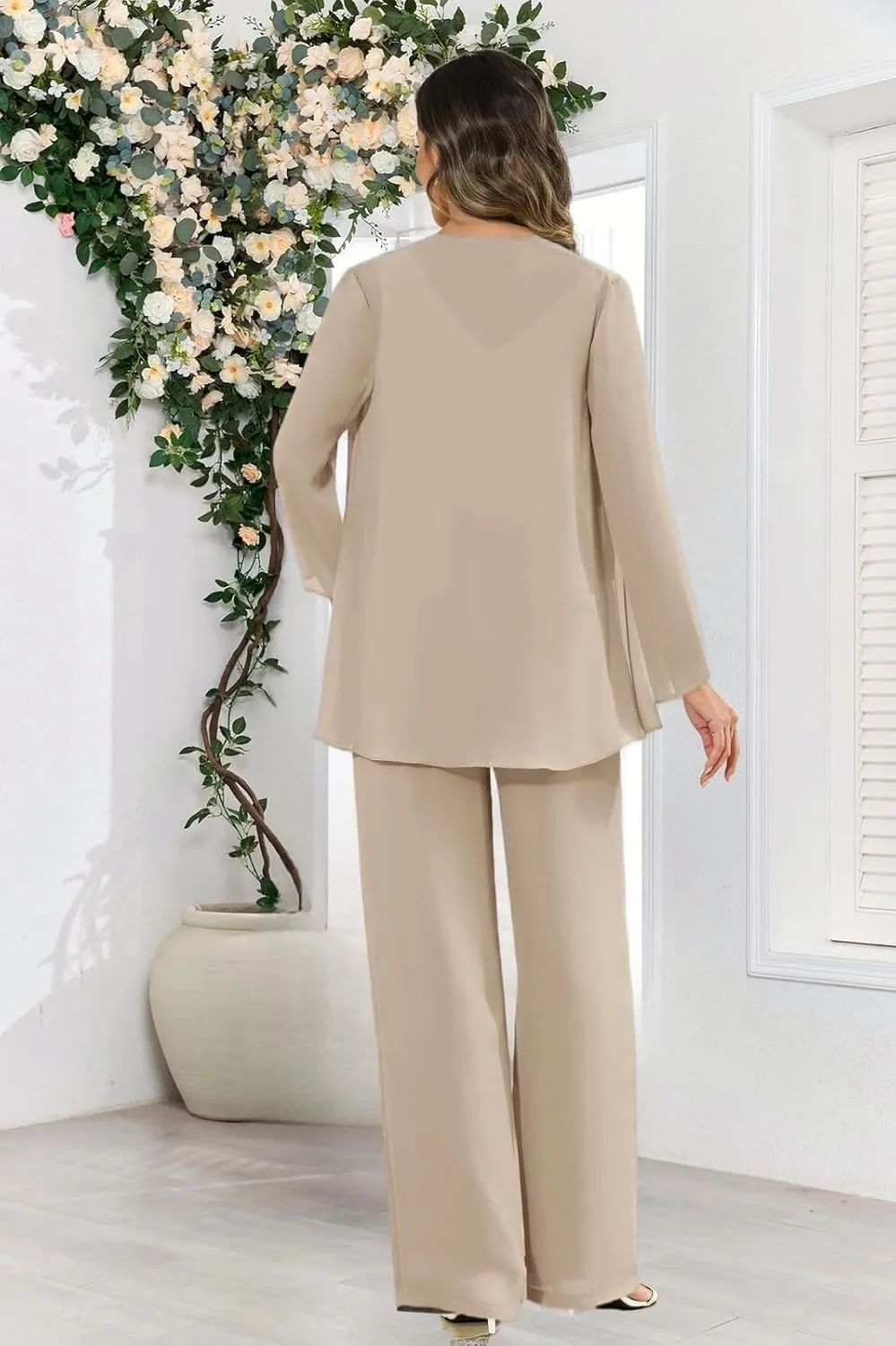 3 Piece Chiffon Mother of The Bride Pant Suits for Women Dressy Beaded Elegant Formal Wedding Pantsuits