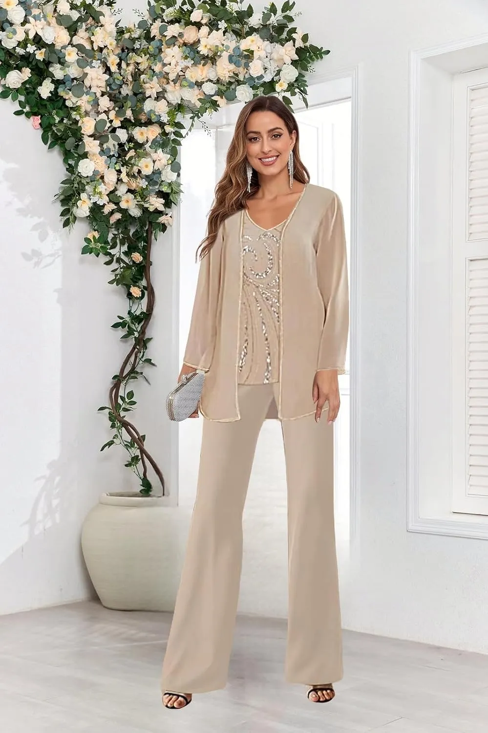 3 Piece Chiffon Mother of The Bride Pant Suits for Women Dressy Beaded Elegant Formal Wedding Pantsuits