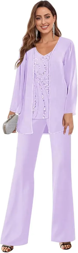 3 Piece Chiffon Mother of The Bride Pant Suits for Women Dressy Beaded Elegant Formal Wedding Pantsuits