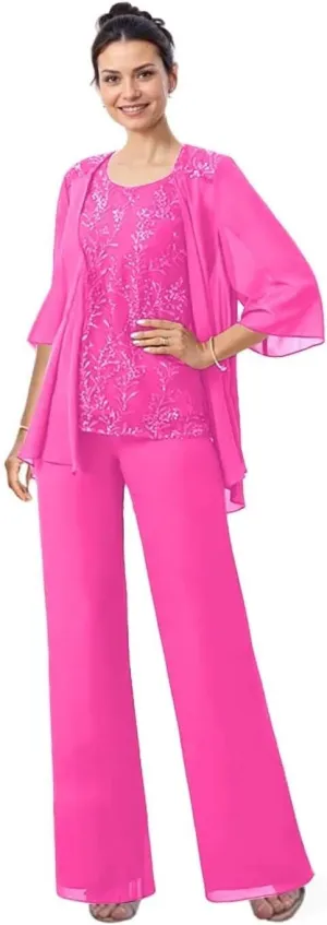 3 Pieces Mother of The Bride Pant Suits with Jacket Laces Applique Chiffon Grandmother Pant Suits for Women