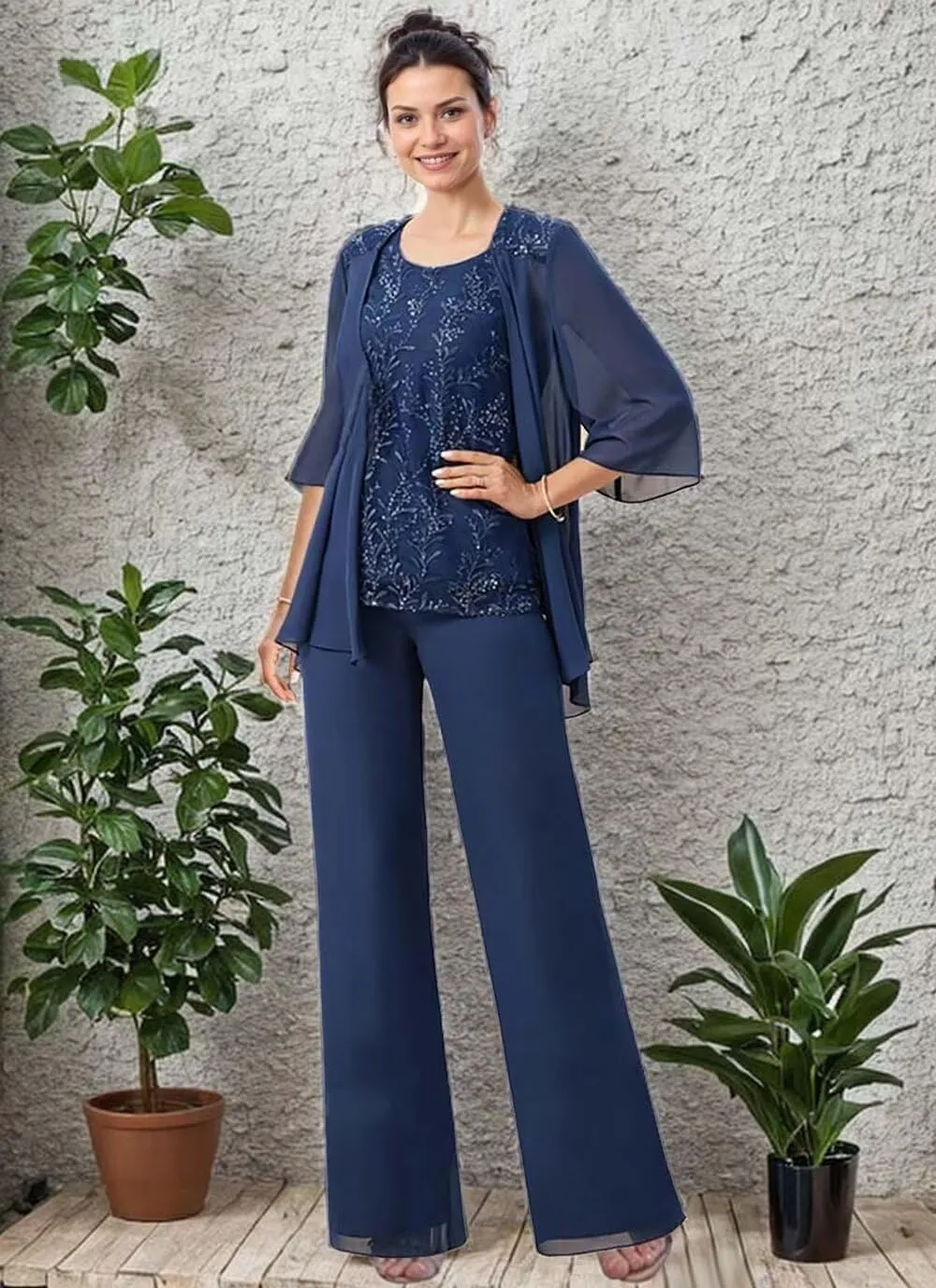 3 Pieces Mother of The Bride Pant Suits with Jacket Laces Applique Chiffon Grandmother Pant Suits for Women