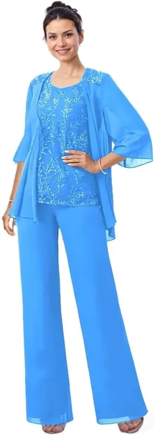 3 Pieces Mother of The Bride Pant Suits with Jacket Laces Applique Chiffon Grandmother Pant Suits for Women