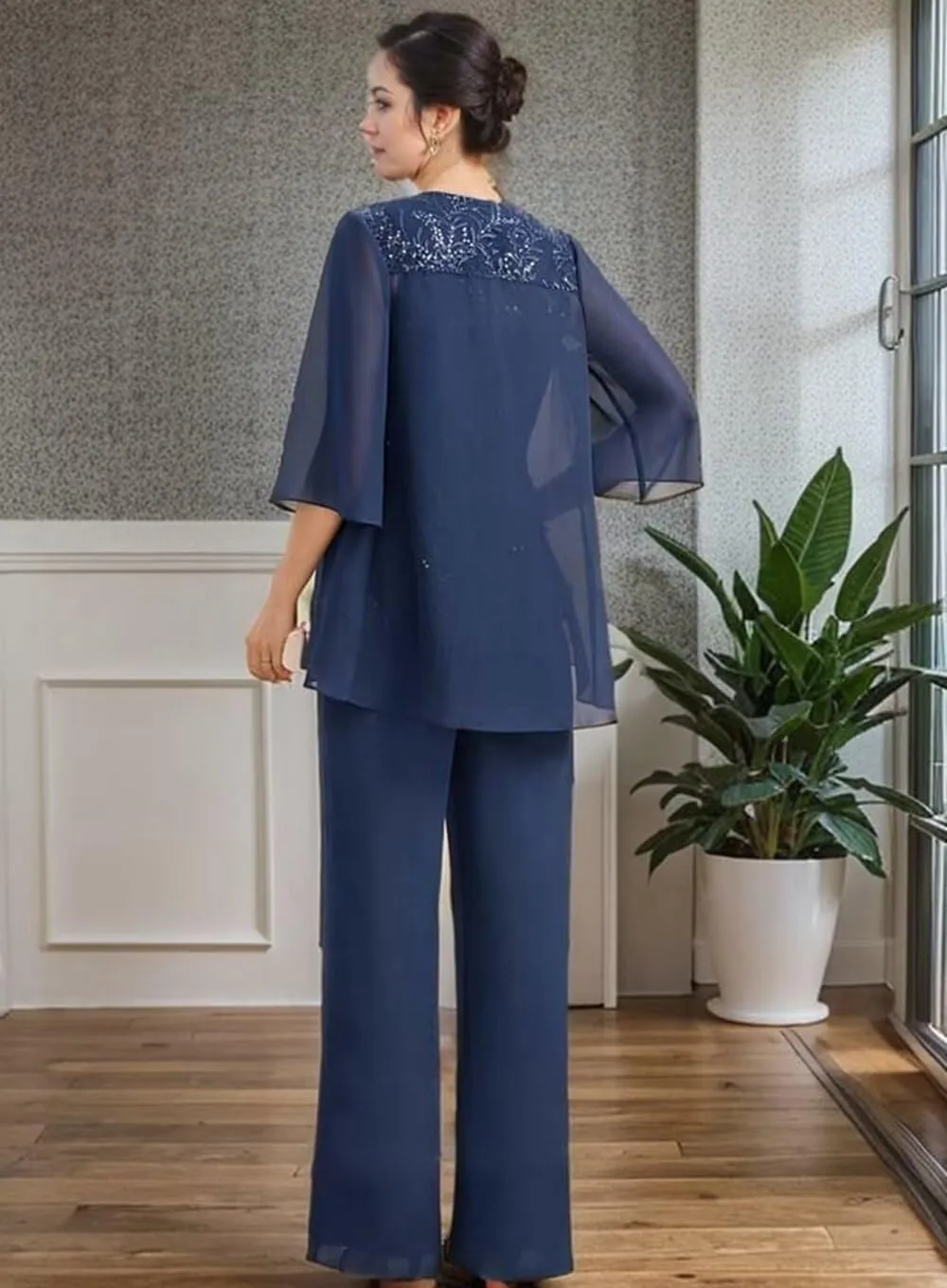 3 Pieces Mother of The Bride Pant Suits with Jacket Laces Applique Chiffon Grandmother Pant Suits for Women