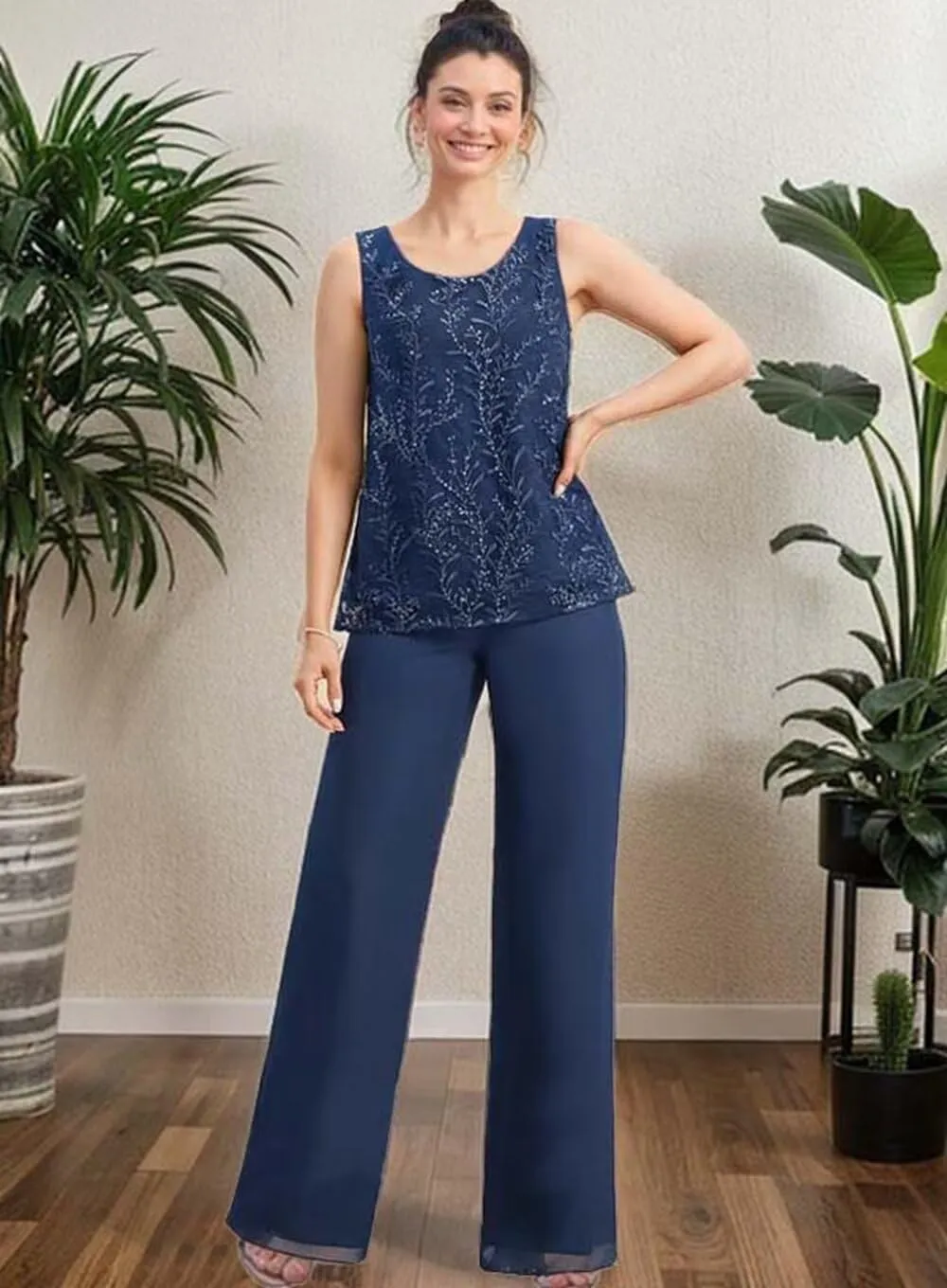 3 Pieces Mother of The Bride Pant Suits with Jacket Laces Applique Chiffon Grandmother Pant Suits for Women