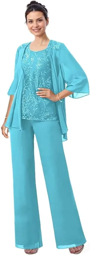 3 Pieces Mother of The Bride Pant Suits with Jacket Laces Applique Chiffon Grandmother Pant Suits for Women