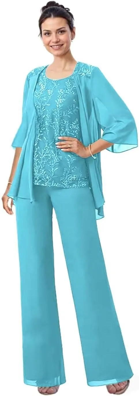 3 Pieces Mother of The Bride Pant Suits with Jacket Laces Applique Chiffon Grandmother Pant Suits for Women