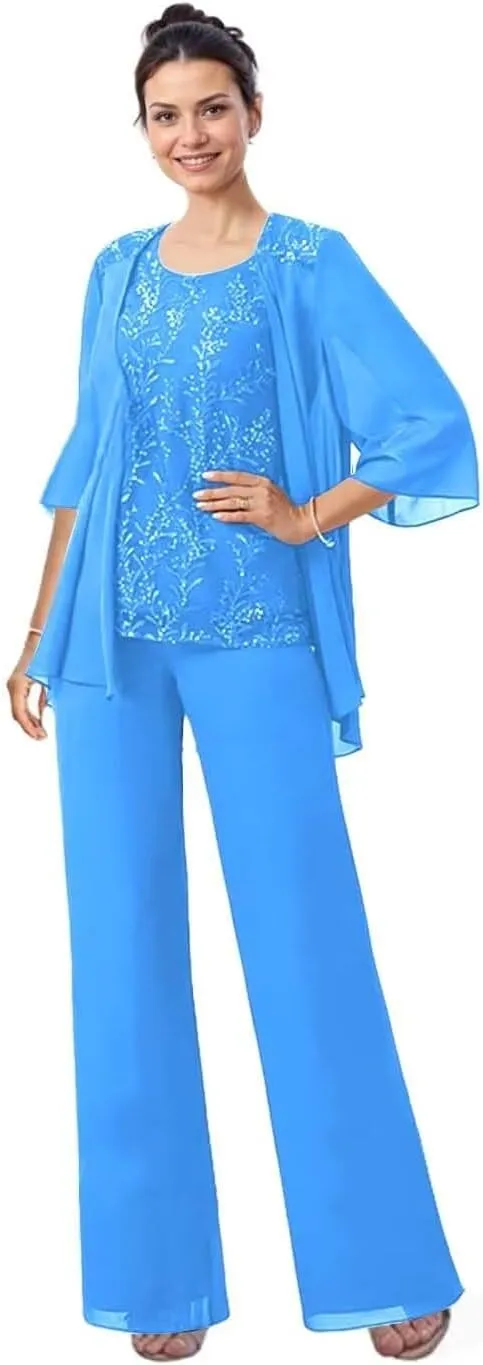 3 Pieces Mother of The Bride Pant Suits with Jacket Laces Applique Chiffon Grandmother Pant Suits for Women