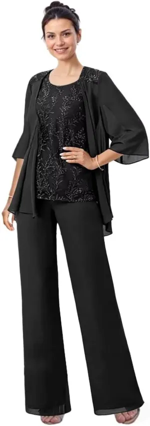 3 Pieces Mother of The Bride Pant Suits with Jacket Laces Applique Chiffon Grandmother Pant Suits for Women