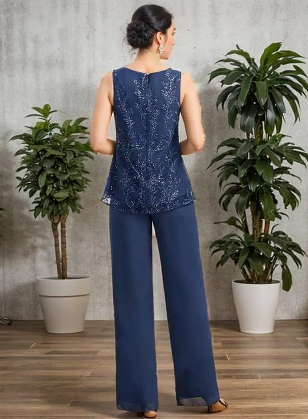 3 Pieces Mother of The Bride Pant Suits with Jacket Laces Applique Chiffon Grandmother Pant Suits for Women