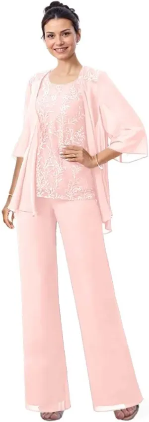 3 Pieces Mother of The Bride Pant Suits with Jacket Laces Applique Chiffon Grandmother Pant Suits for Women