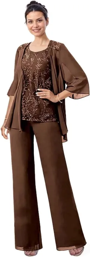 3 Pieces Mother of The Bride Pant Suits with Jacket Laces Applique Chiffon Grandmother Pant Suits for Women