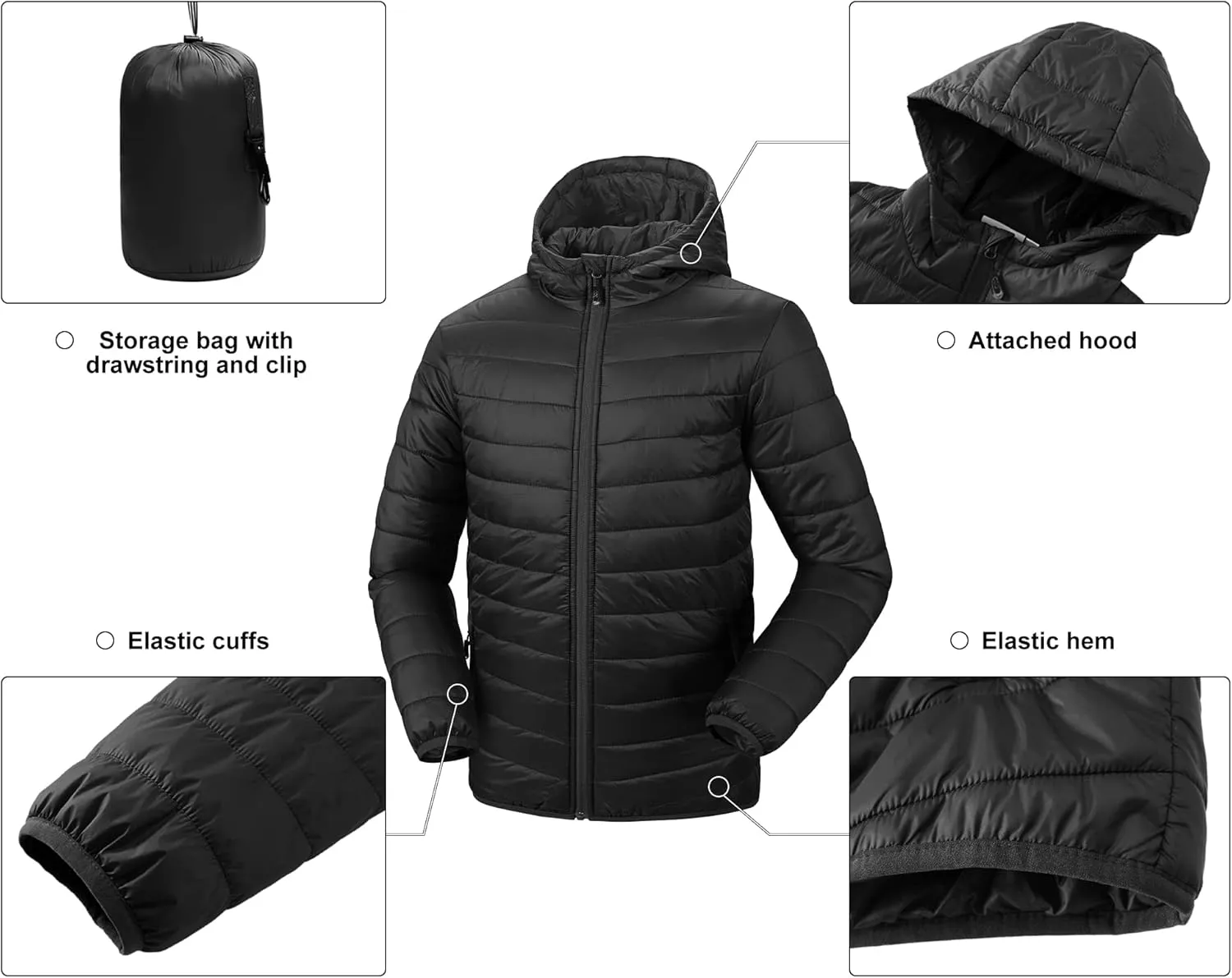 33,000ft Men's Lightweight Packable Insulated Puffer Winter Jacket with Hood, Water-Resistant Down Alternative Puffy Coat