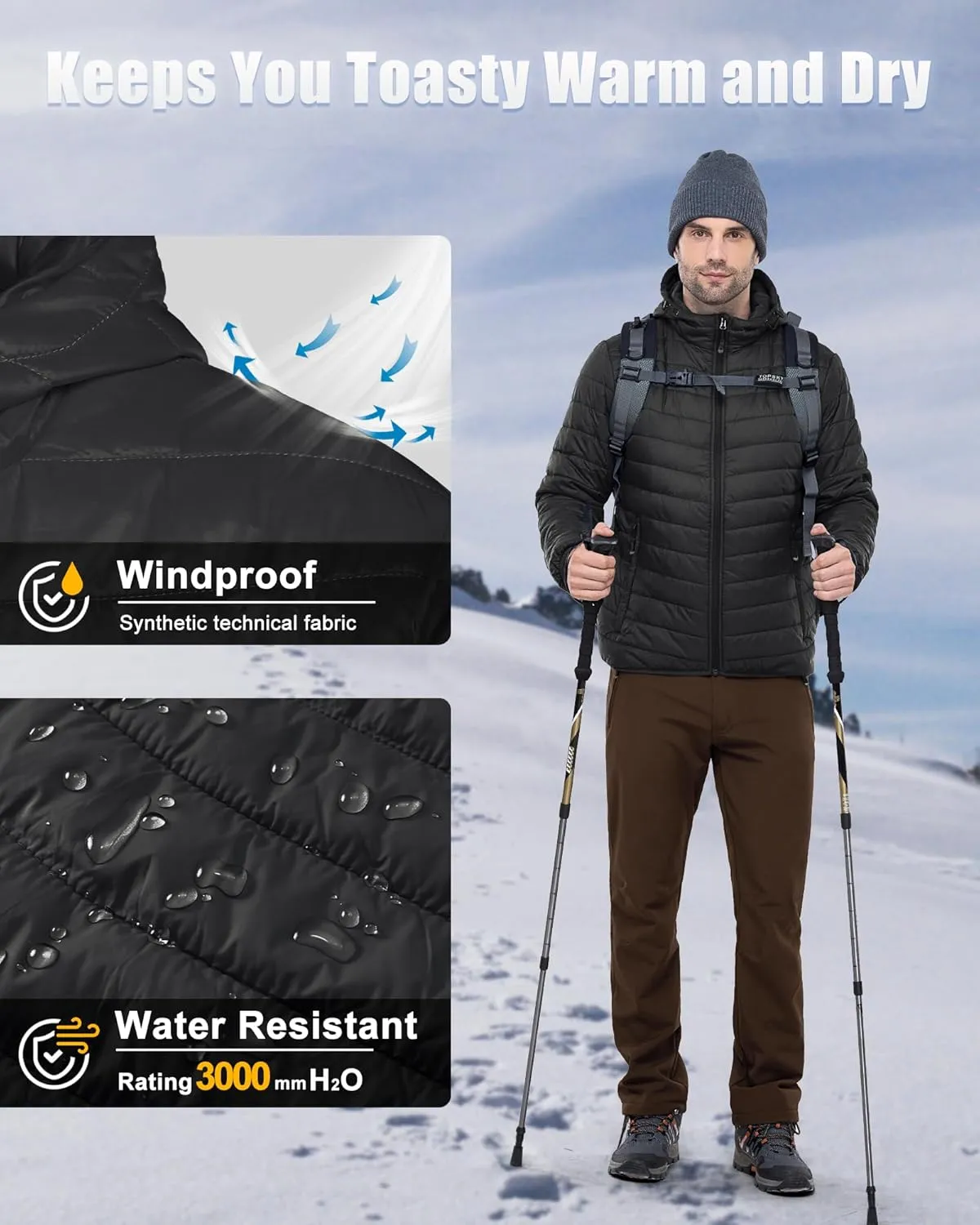 33,000ft Men's Lightweight Packable Insulated Puffer Winter Jacket with Hood, Water-Resistant Down Alternative Puffy Coat