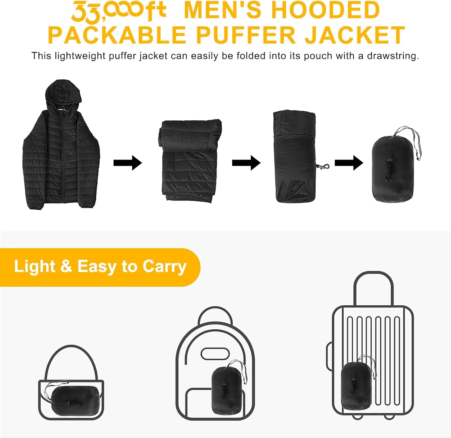 33,000ft Men's Lightweight Packable Insulated Puffer Winter Jacket with Hood, Water-Resistant Down Alternative Puffy Coat