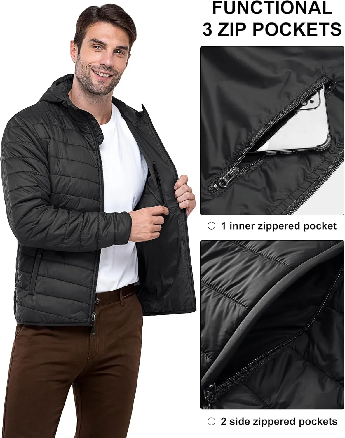 33,000ft Men's Lightweight Packable Insulated Puffer Winter Jacket with Hood, Water-Resistant Down Alternative Puffy Coat