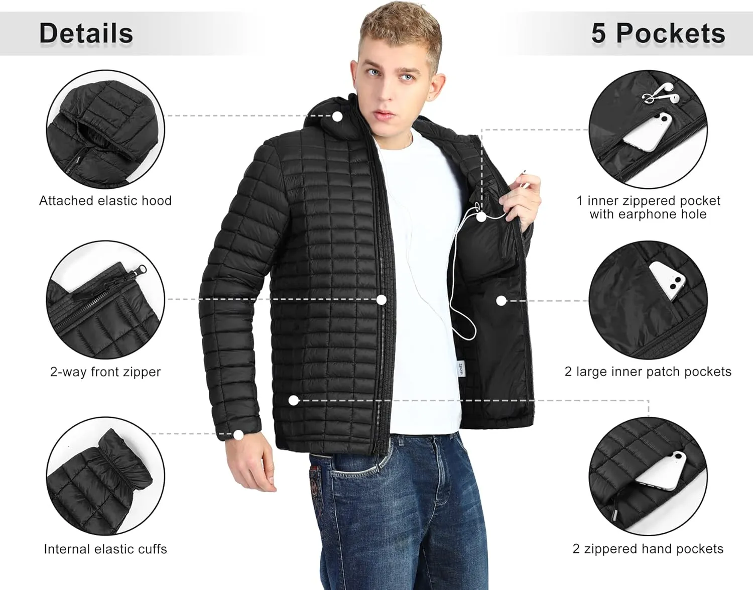 33,000ft Men's Thermolite Packable Hooded Quilted Puffer Jacket, Lightweight Warm Puffy Insulated Winter Coat