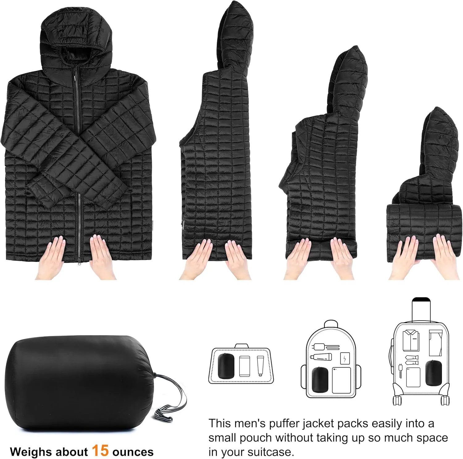 33,000ft Men's Thermolite Packable Hooded Quilted Puffer Jacket, Lightweight Warm Puffy Insulated Winter Coat