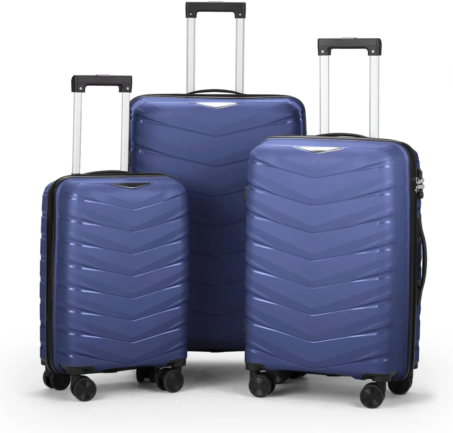 3in1 20in 24in 28in V-Shaped Stripes Luggage Sets 3 Piece Expandable Ultra Durable 100% PC Lightweight Carry On Family Travel Suitcase Set with TSA Lock Spinner Wheels, Dark Blue