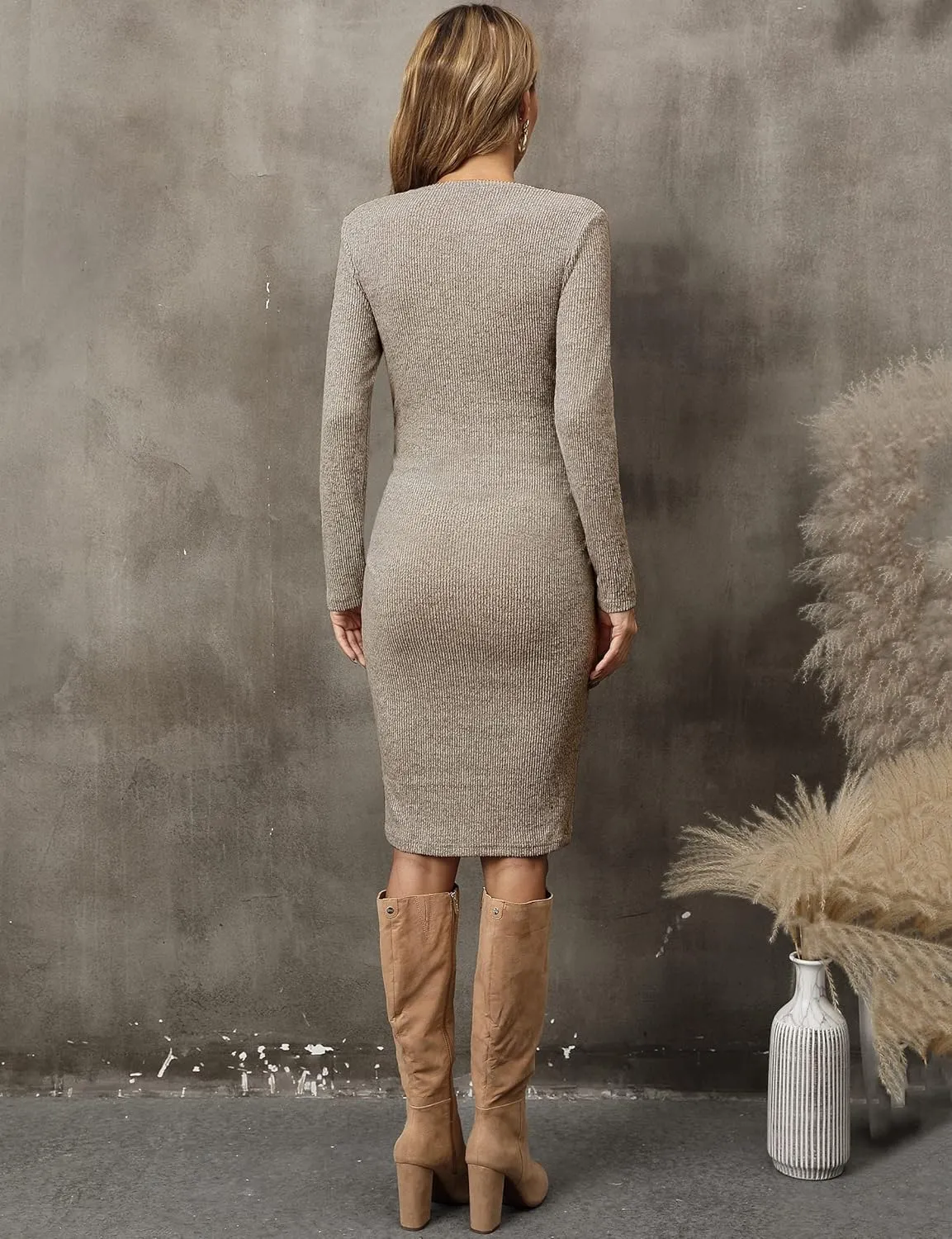 abkylie Side Ruch Knit Ribbed Maternity Bodycon Dress/Knee-Length Dress with Long Sleeve Fall Casual