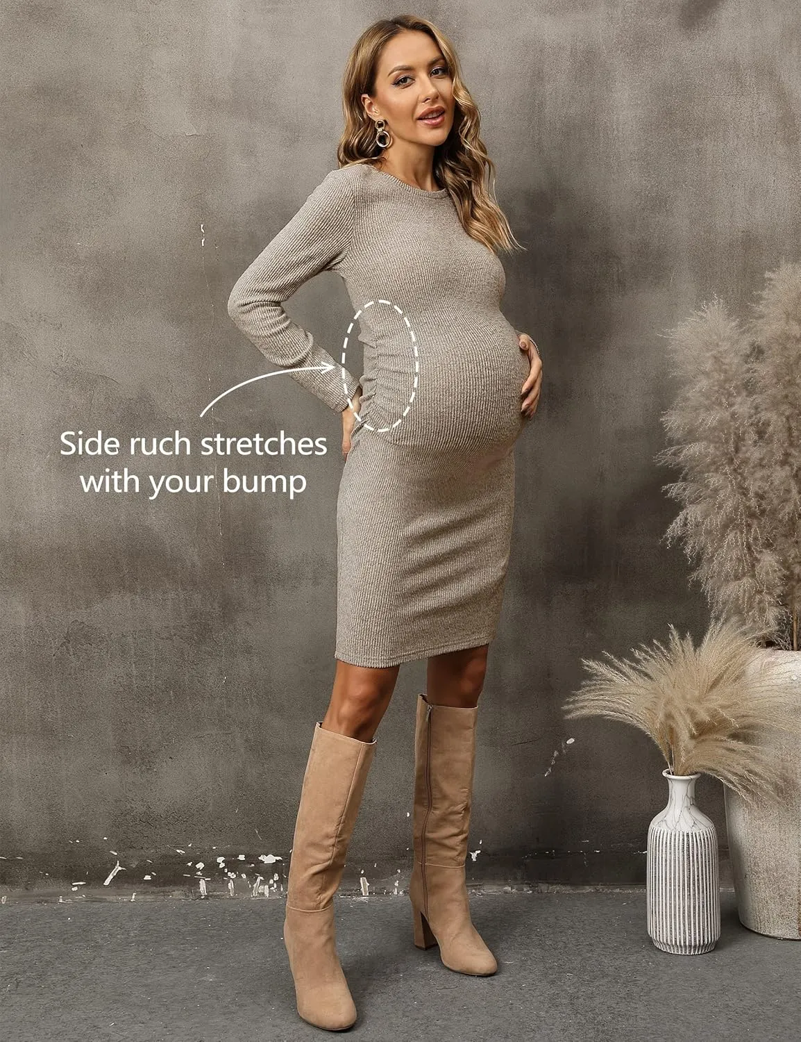 abkylie Side Ruch Knit Ribbed Maternity Bodycon Dress/Knee-Length Dress with Long Sleeve Fall Casual