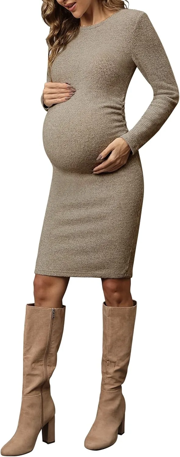 abkylie Side Ruch Knit Ribbed Maternity Bodycon Dress/Knee-Length Dress with Long Sleeve Fall Casual