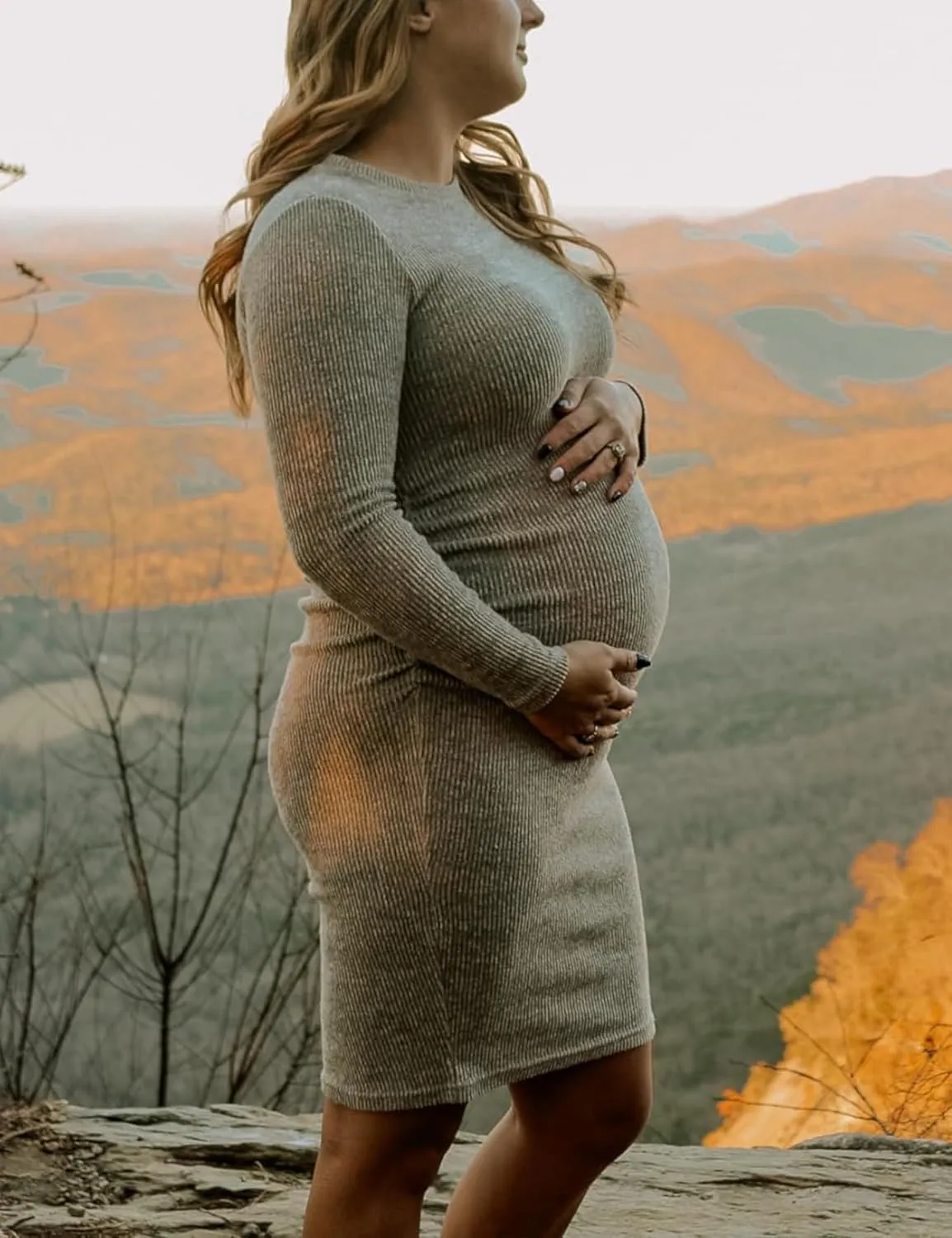 abkylie Side Ruch Knit Ribbed Maternity Bodycon Dress/Knee-Length Dress with Long Sleeve Fall Casual