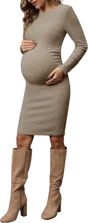 abkylie Side Ruch Knit Ribbed Maternity Bodycon Dress/Knee-Length Dress with Long Sleeve Fall Casual