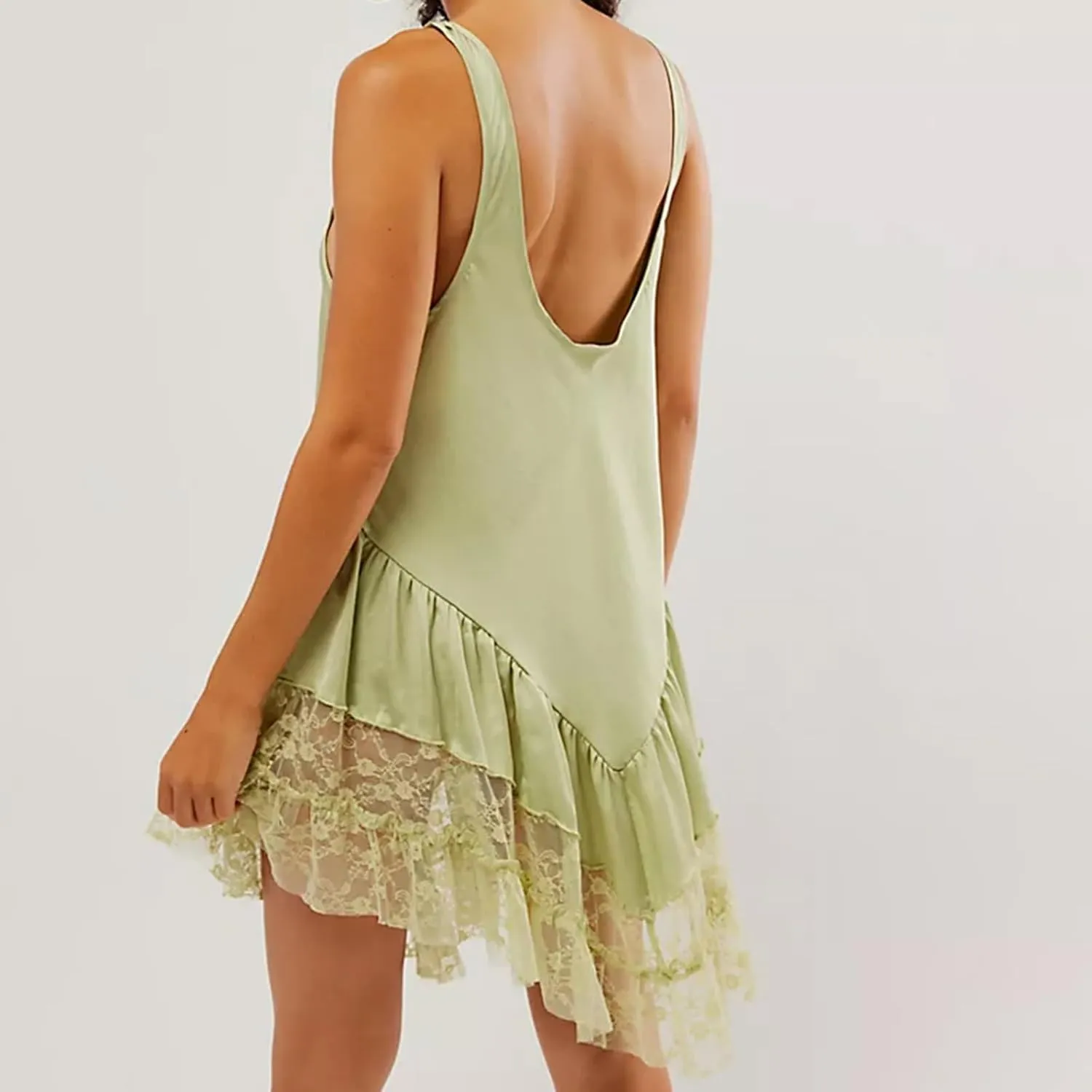 Adoeren Women Silky Lace Slip Dress Flowy Sleeveless Scoop Neck Tank Short Dress Backless Ruffle Layered Lace Mini Dress