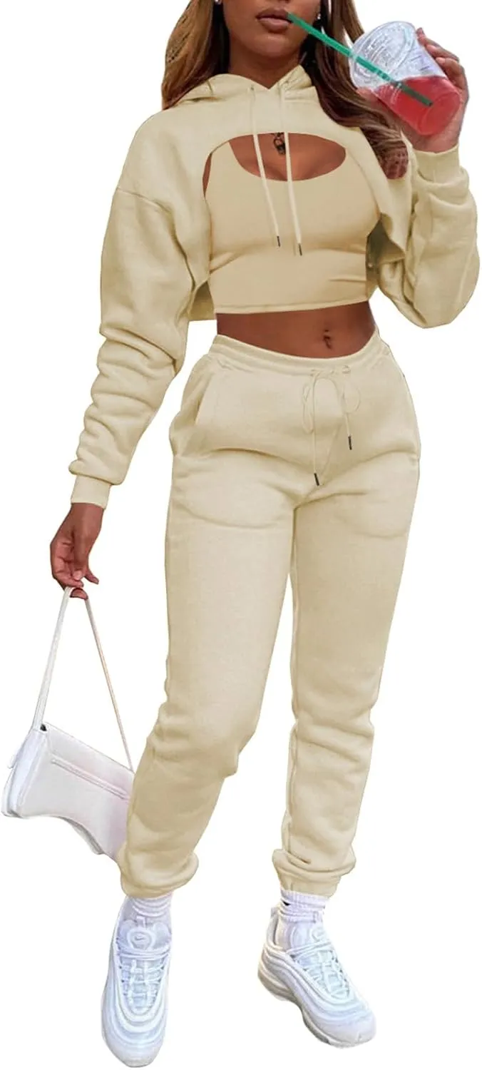 Adogirl Women 3 Piece Outfits Tracksuits Set Sexy Long Sleeve Pullover Hoodie Tank Crop Tops Jogger Sweatpants Sweatsuits