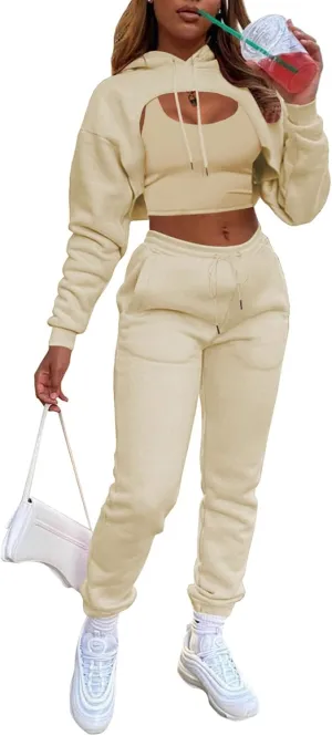 Adogirl Women 3 Piece Outfits Tracksuits Set Sexy Long Sleeve Pullover Hoodie Tank Crop Tops Jogger Sweatpants Sweatsuits