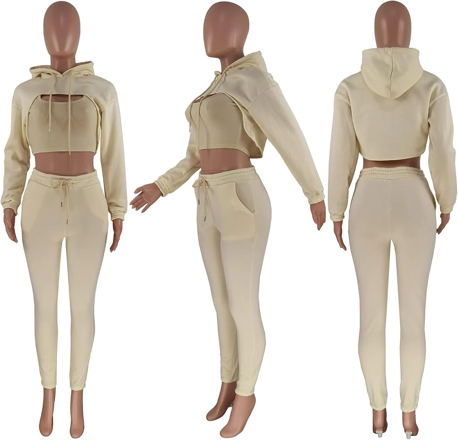 Adogirl Women 3 Piece Outfits Tracksuits Set Sexy Long Sleeve Pullover Hoodie Tank Crop Tops Jogger Sweatpants Sweatsuits