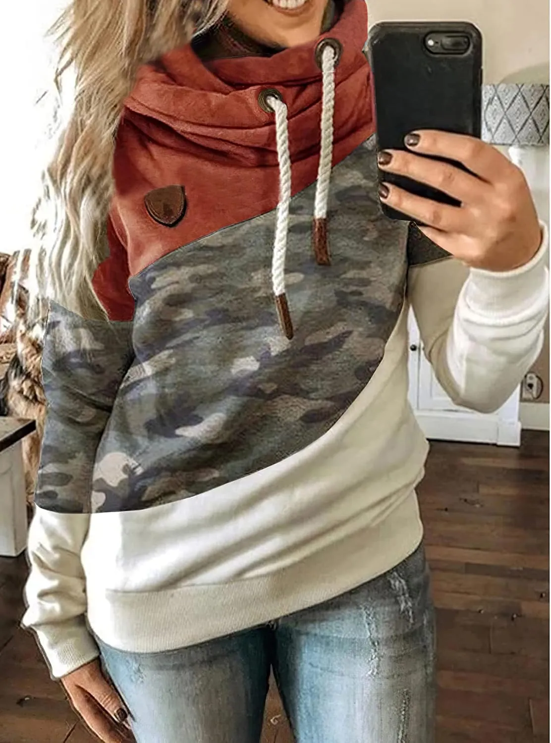 Akivide Women's Casual Cowl Neck Pullover Hoodie Color Block Graphic Long Sleeve Drawstring Hooded Sweatshirt Tops
