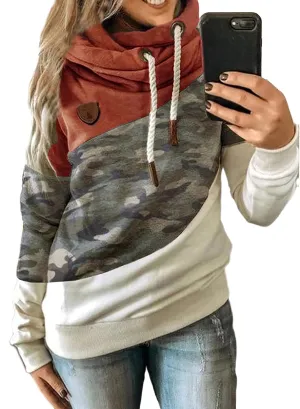 Akivide Women's Casual Cowl Neck Pullover Hoodie Color Block Graphic Long Sleeve Drawstring Hooded Sweatshirt Tops