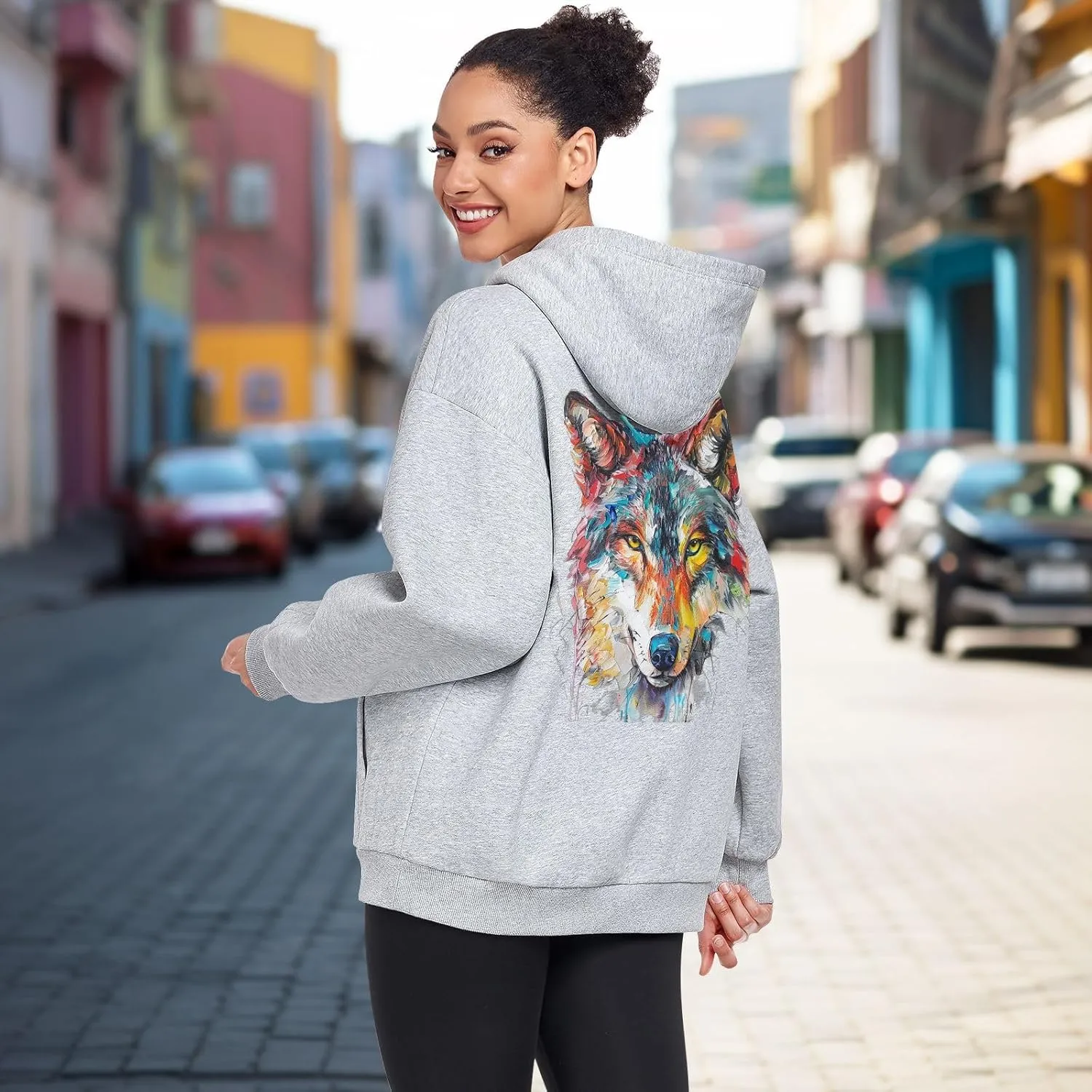 ALAZA Colorful Wolf Portrait Womens Hoodie Women's Sweatshirts Oversized Pullover Fall Spring Outfits