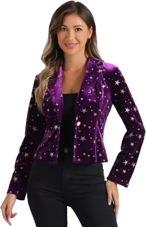 Allegra K Printed Velvet Blazer for Women's 1 Button Business Office Crop Halloween Metallic Stars Jacket Suits
