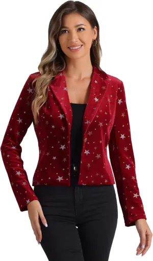 Allegra K Printed Velvet Blazer for Women's 1 Button Business Office Crop Halloween Metallic Stars Jacket Suits