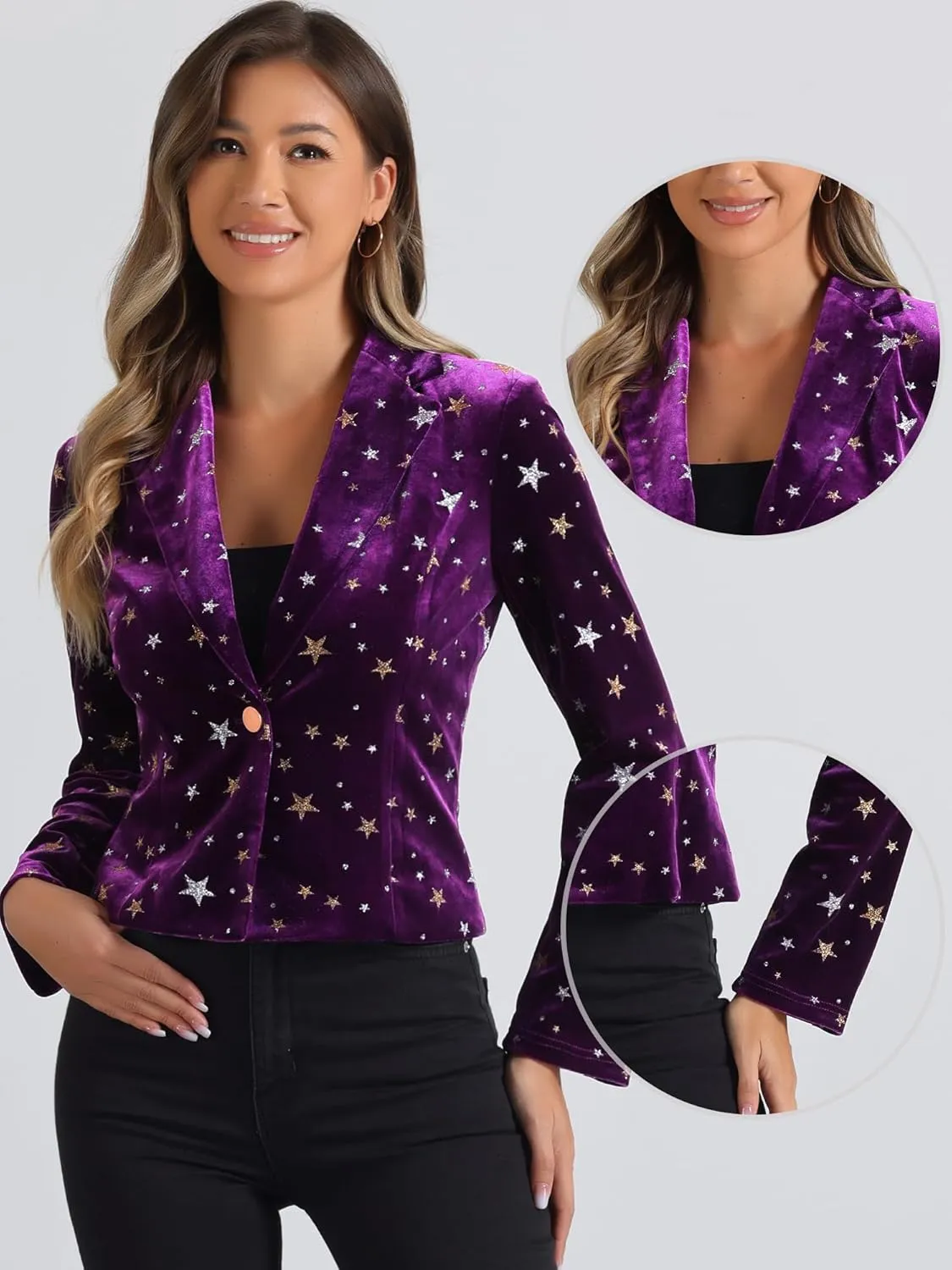 Allegra K Printed Velvet Blazer for Women's 1 Button Business Office Crop Halloween Metallic Stars Jacket Suits