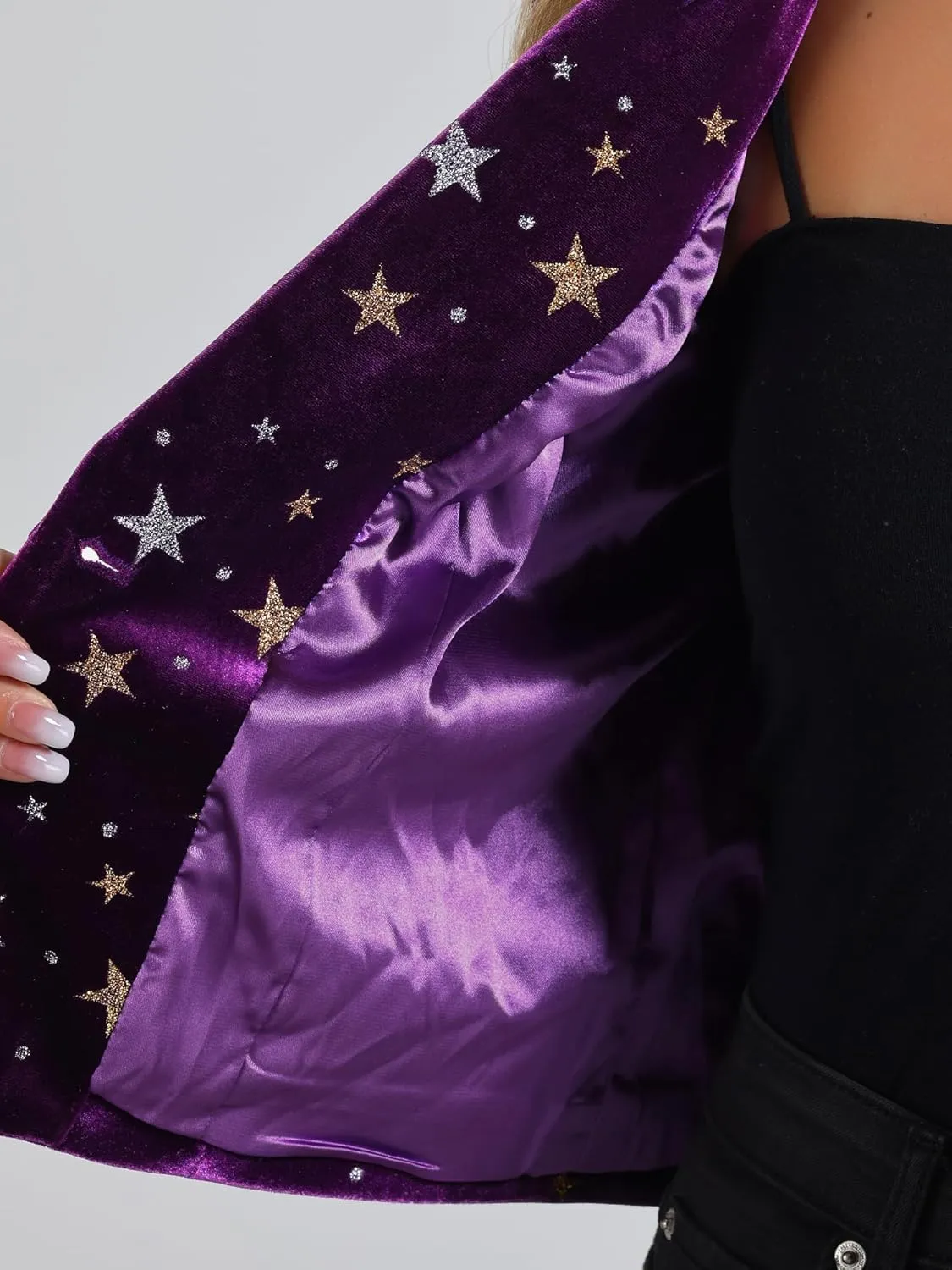 Allegra K Printed Velvet Blazer for Women's 1 Button Business Office Crop Halloween Metallic Stars Jacket Suits