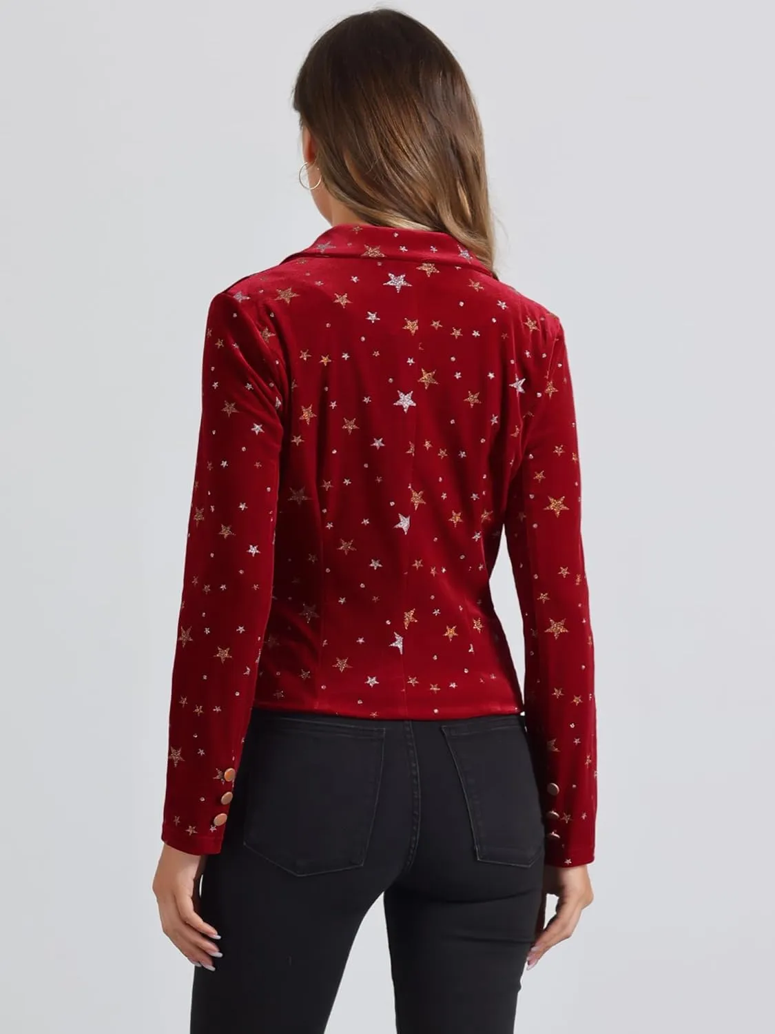 Allegra K Printed Velvet Blazer for Women's 1 Button Business Office Crop Halloween Metallic Stars Jacket Suits