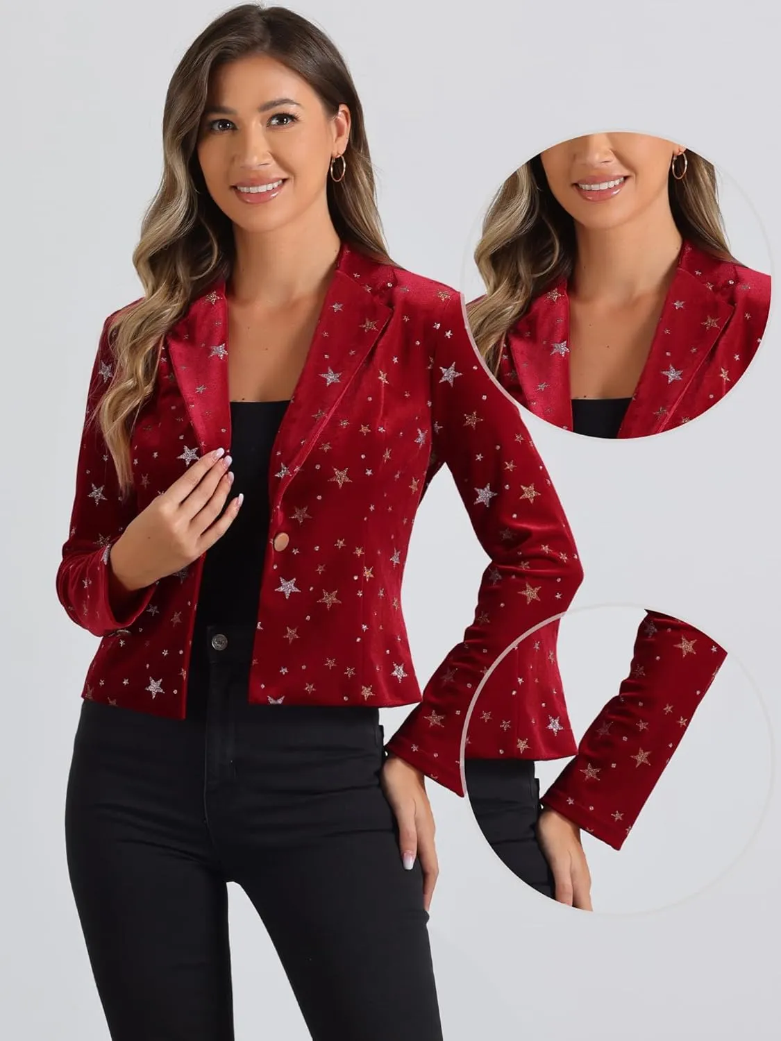 Allegra K Printed Velvet Blazer for Women's 1 Button Business Office Crop Halloween Metallic Stars Jacket Suits