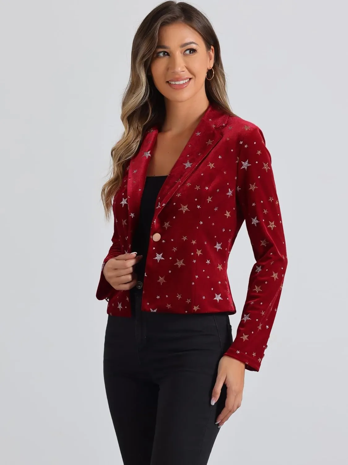 Allegra K Printed Velvet Blazer for Women's 1 Button Business Office Crop Halloween Metallic Stars Jacket Suits