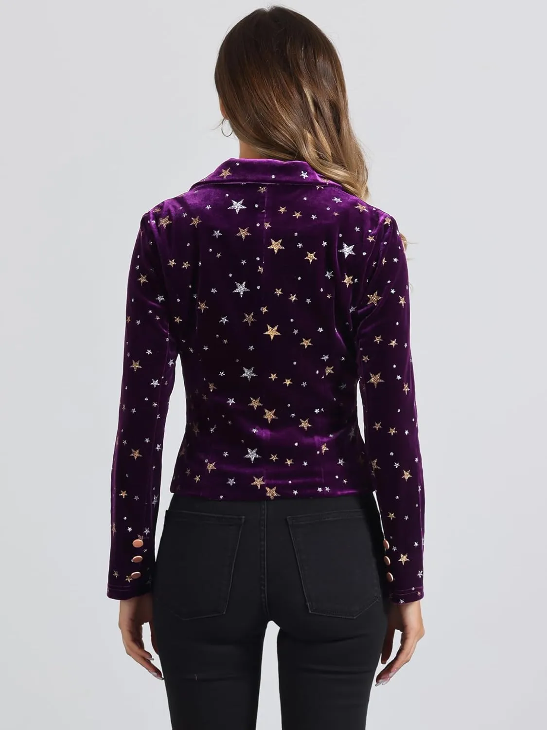 Allegra K Printed Velvet Blazer for Women's 1 Button Business Office Crop Halloween Metallic Stars Jacket Suits