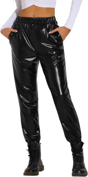 Allegra K Women's Metallic Trousers Christmas Shiny Sparkle Elastic Waist Holographic Pants