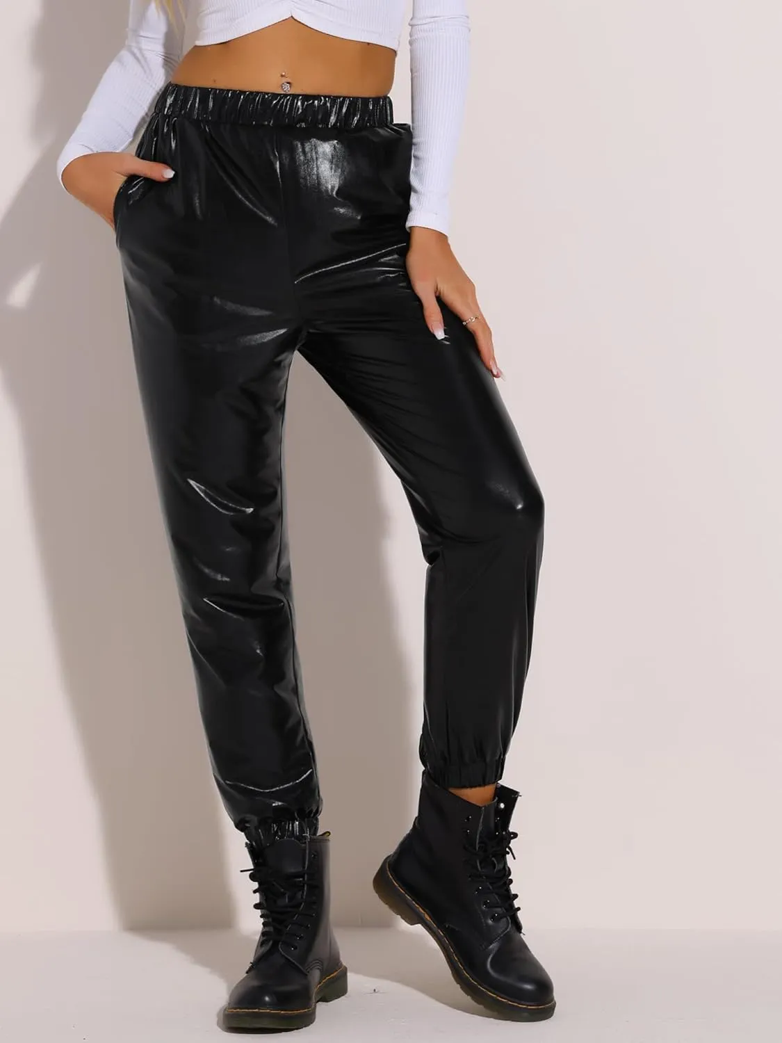 Allegra K Women's Metallic Trousers Christmas Shiny Sparkle Elastic Waist Holographic Pants